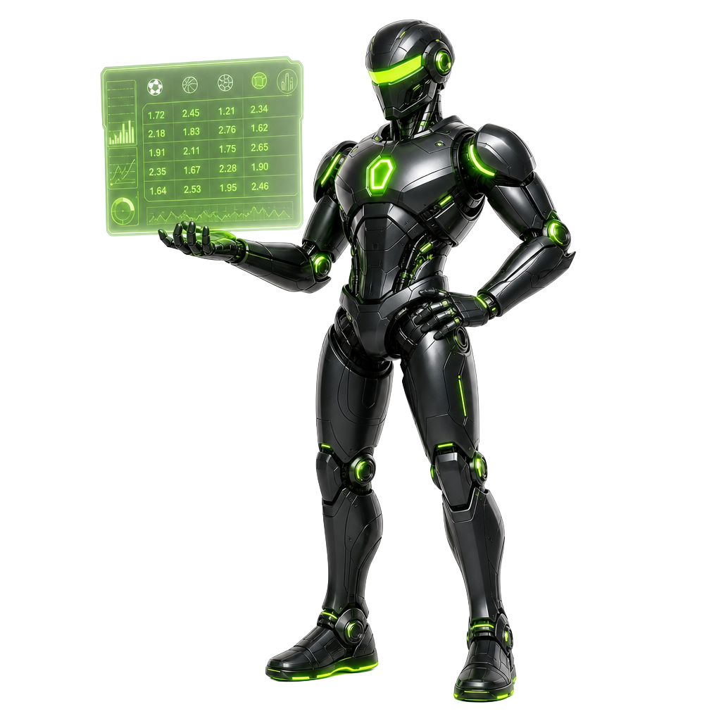 Bet Bot 3D robot mascot with glowing lime accents holding a holographic odds panel